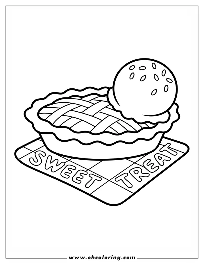 Line art of a Thanksgiving pie with a lattice crust, topped with a scoop of ice cream and sprinkles, sitting on a 'Sweet Treat' placemat.