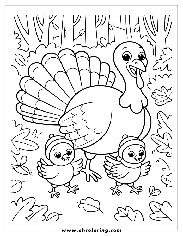 Line art of a Thanksgiving turkey walking with two chicks in an autumn forest.