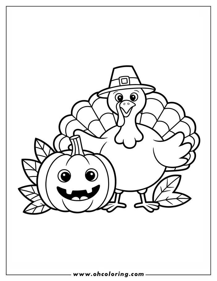 Line art of a Thanksgiving turkey with a pilgrim's hat beside a carved pumpkin with leaves.