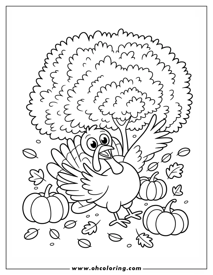 Line art of a cheerful cartoon turkey surrounded by pumpkins and autumn leaves in a Thanksgiving scene.