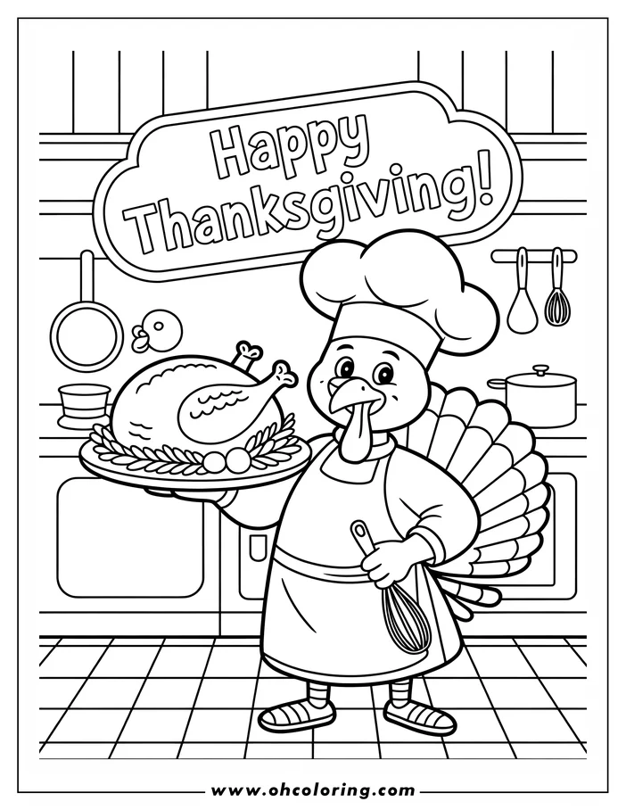 Line art of a cheerful turkey chef holding a platter of cooked turkey in a kitchen setting. A speech bubble reads 'Happy Thanksgiving!'.