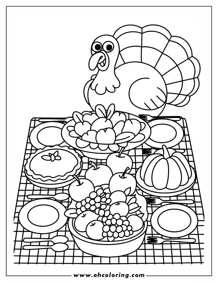 Line art of a Thanksgiving turkey standing behind a table set with a feast including a pie, pumpkin, fruit, and rolls.