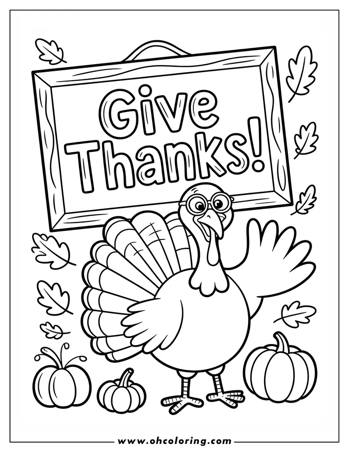 Line art of a cheerful turkey wearing glasses and waving, standing next to a sign that says "Give Thanks!". Pumpkins and autumn leaves surround the turkey, creating a festive Thanksgiving scene.