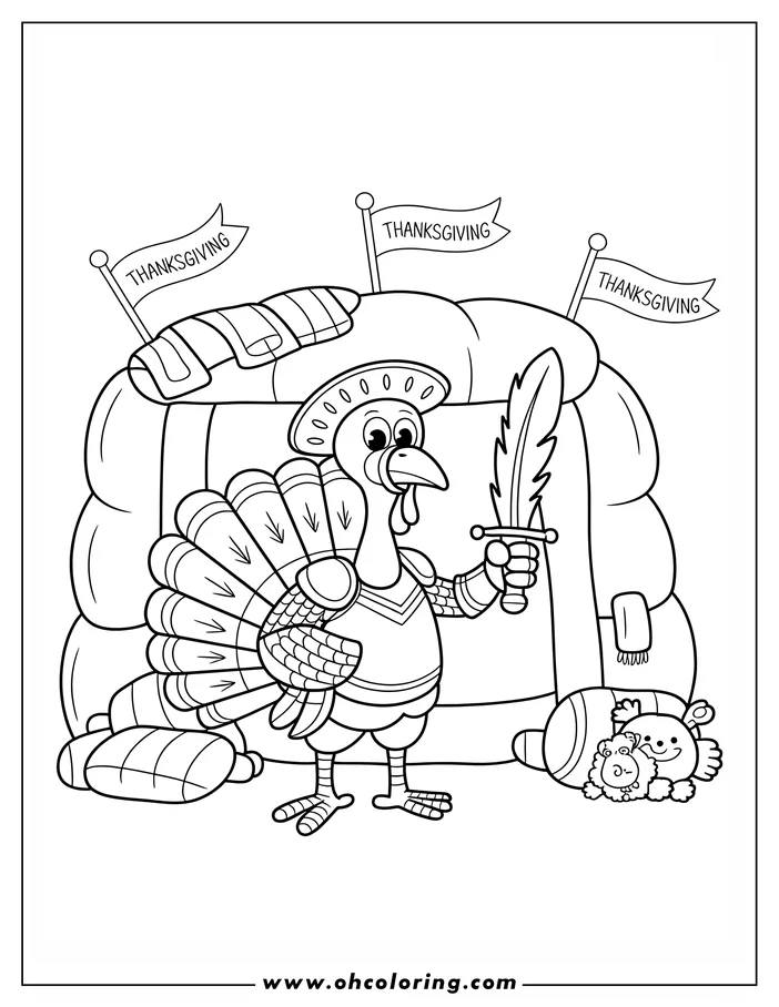 Line art of a turkey in medieval armor holding a sword, with Thanksgiving decorations and plushies nearby.