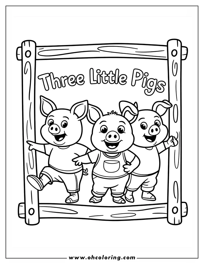 Line art of the three little pigs from the fairy tale.