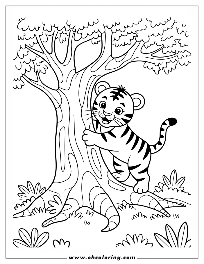 Outline of a happy tiger cub standing next to a large tree. The tiger has distinctive stripes and a playful expression.