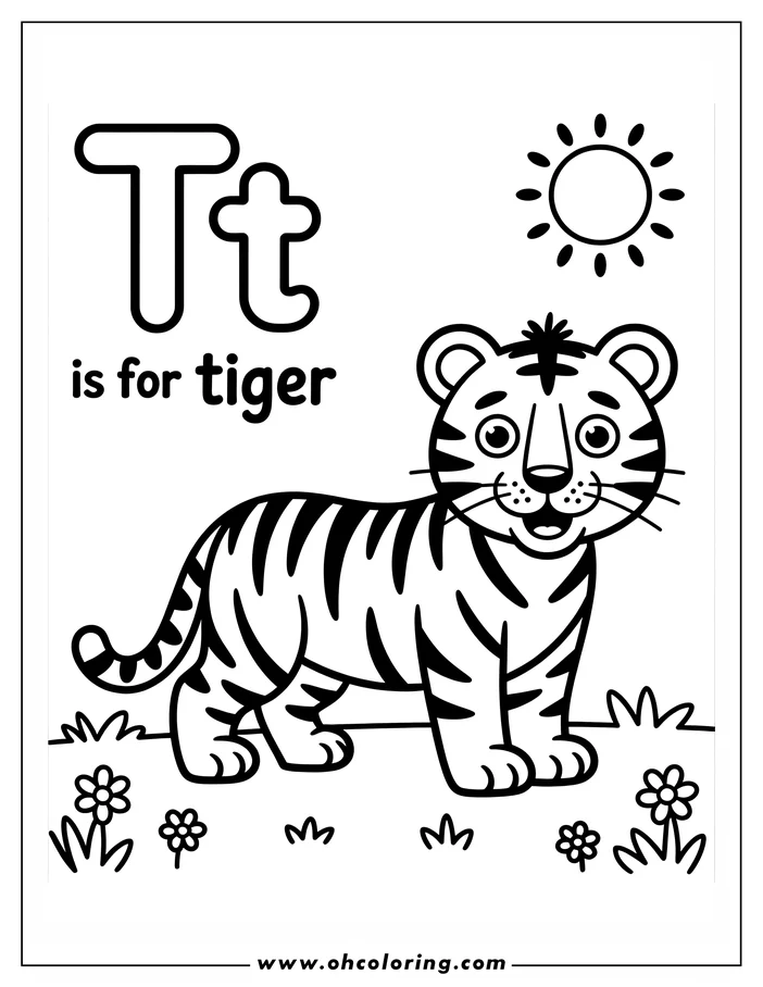 Line art of a cartoon tiger standing in a field with small flowers and grass.  The sun shines above. The letter 'T' is shown, with 'is for Tiger' written below.
