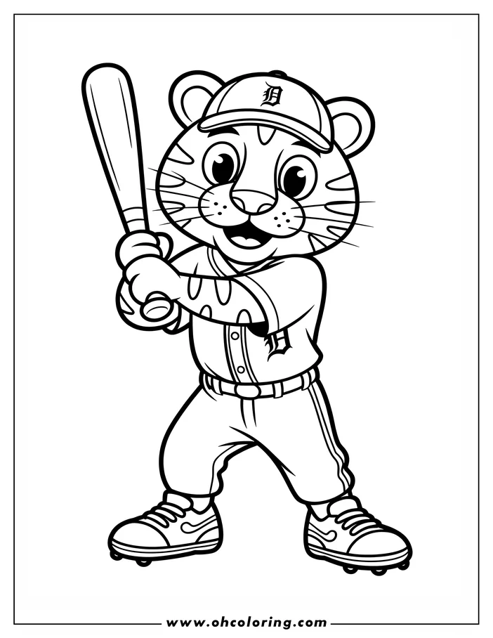 Line art of a cartoon tiger cub at bat, wearing a baseball uniform and cap, ready to swing.