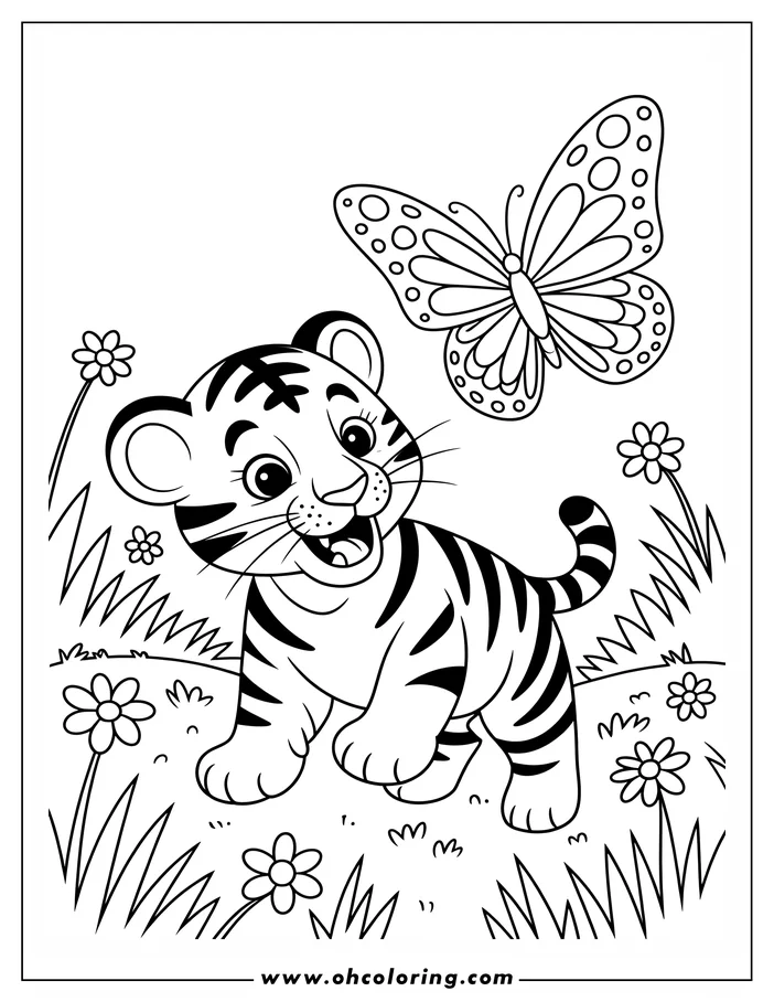 Outline of a tiger cub looking up at a butterfly in a field of flowers.