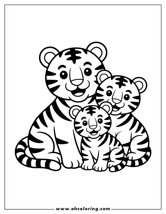 Outline of a mother tiger sitting with two cubs