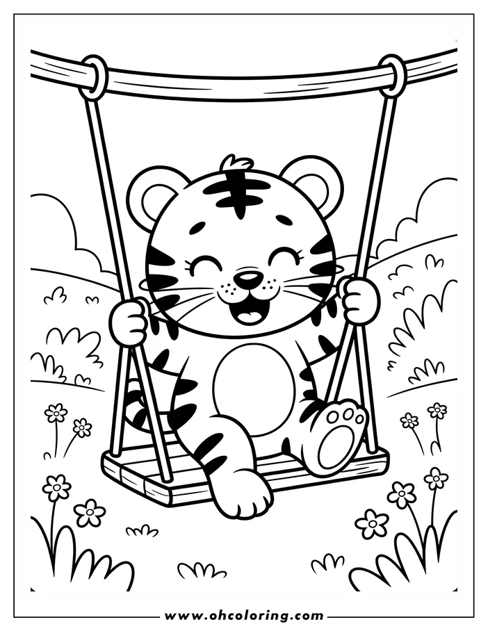 Outline of a happy tiger sitting and swinging on a swing set in a field of flowers.