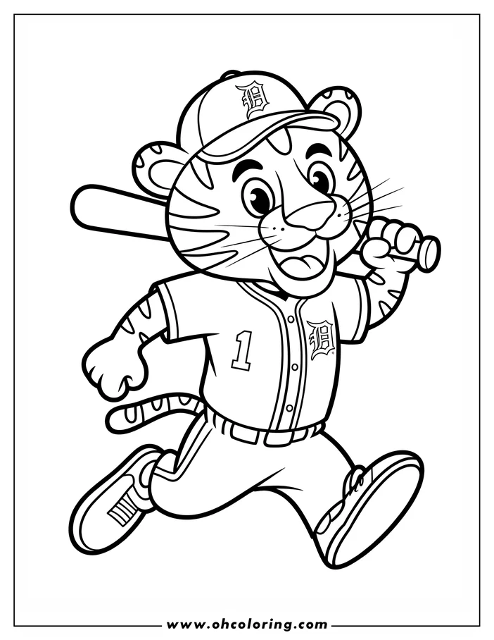 Line art of a tiger playing baseball. The tiger is running and holding a bat.
