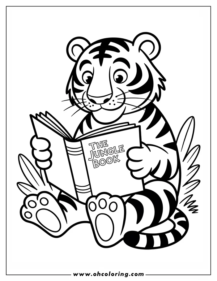 Line art of a tiger sitting and reading "The Jungle Book."