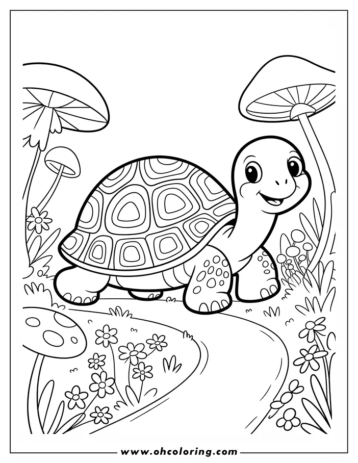 Outline of a tortoise walking near two large mushrooms and some flowers.
