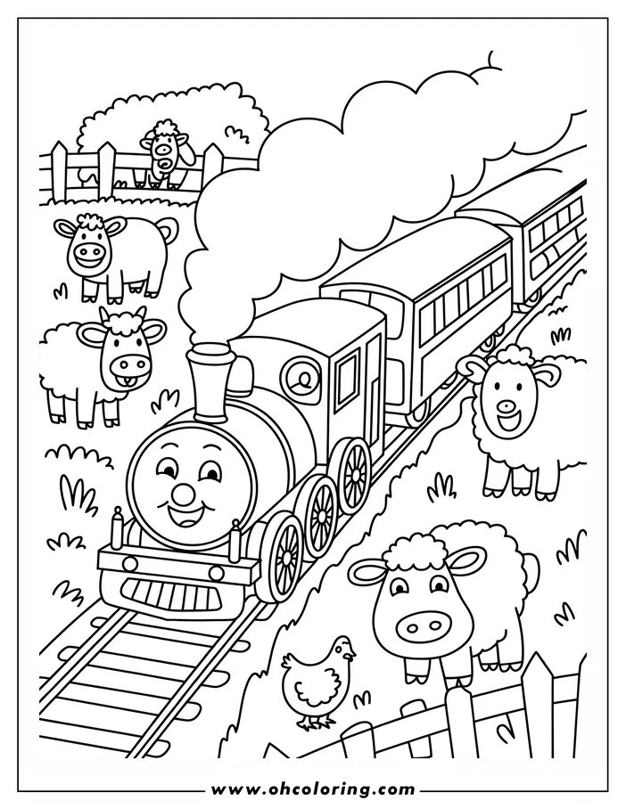 Outline of a cheerful train passing by a group of sheep and a chicken near a fence.