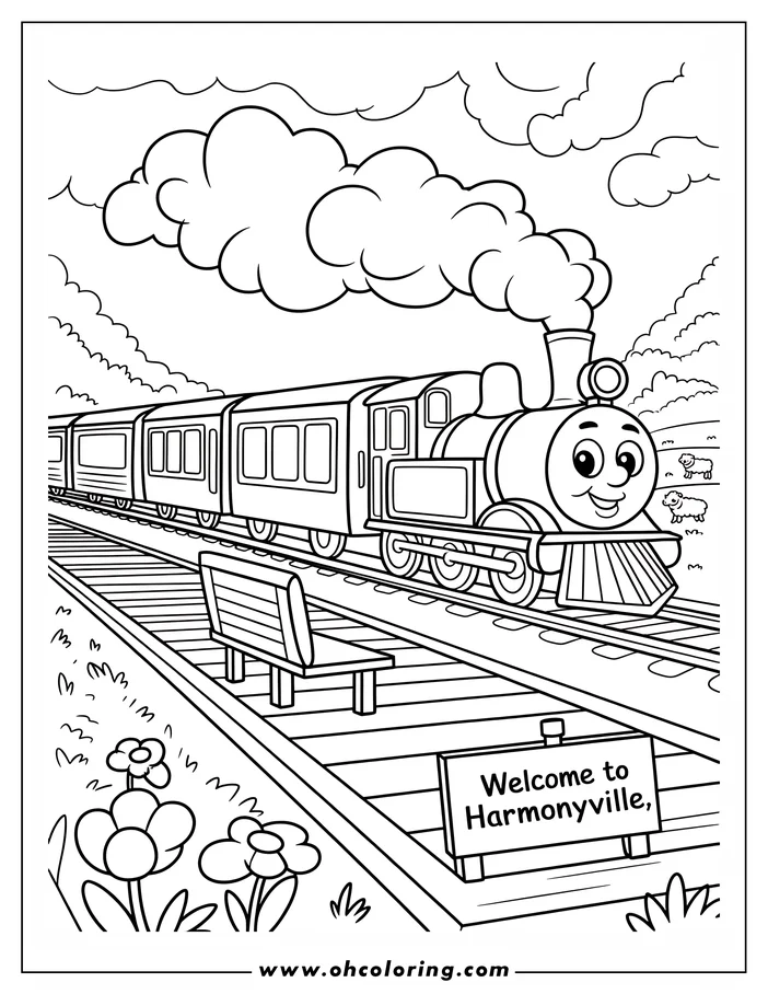 Line art of a cheerful train arriving at Harmonyville station. Sheep graze in the background, and a welcome sign stands beside the tracks.
