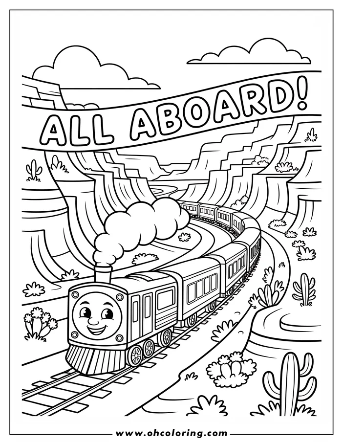 Line art of a cheerful train traveling through a canyon landscape. The train has a smiling engine and passenger cars. A banner overhead says "All Aboard!"