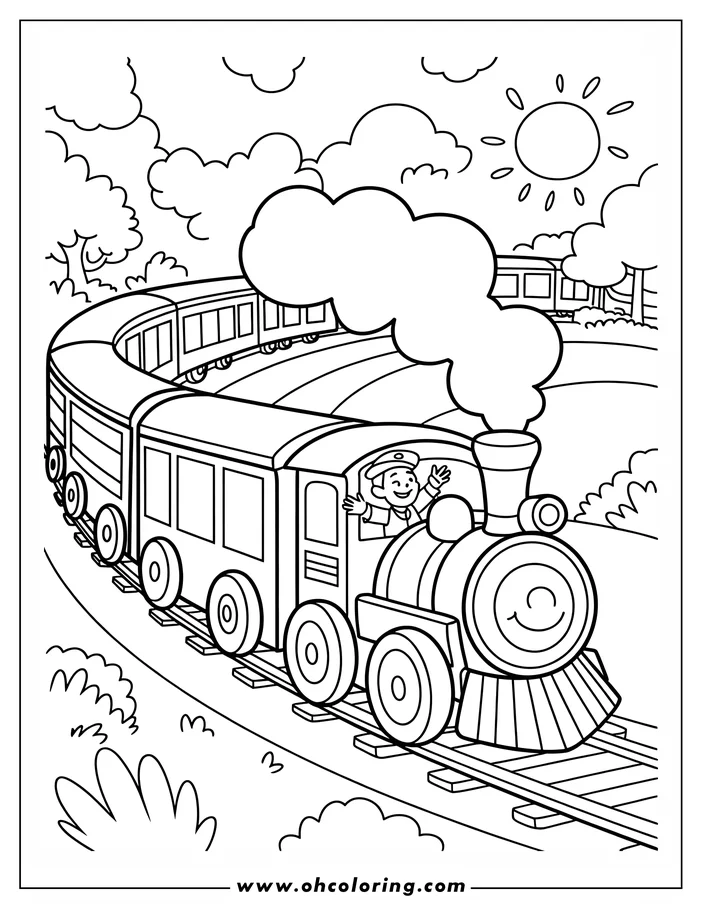 Line art of a train conductor waving cheerfully from the cab of a steam engine. The train is puffing along the tracks and has several passenger cars.