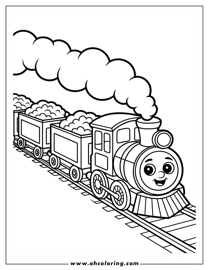 Line art of a cartoon train with two cargo cars full of rocks traveling on a set of train tracks.