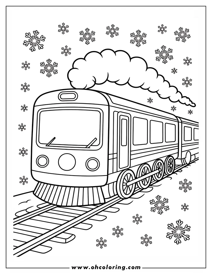 Line drawing of a train traveling on tracks in the snow. The train emits steam, and snowflakes fall around it.