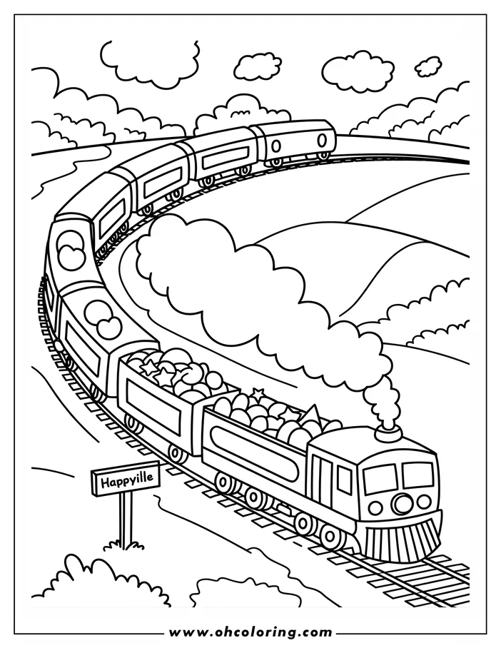 Outline of a train with cargo and passenger cars traveling on a track towards a signpost for Happyville, with hills and clouds in the background.