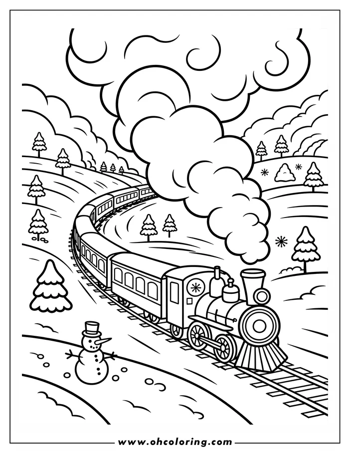 Line art of a train traveling through a winter landscape. The train has multiple passenger cars and emits puffs of smoke. Evergreen trees and a snowman are visible along the snowy hills. This is a coloring sheet design.