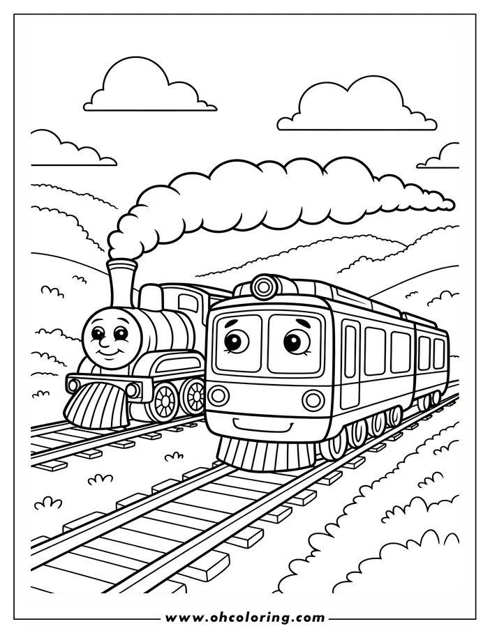 Two cartoon trains, a steam engine and a passenger train, journey along railway tracks through a hilly landscape.