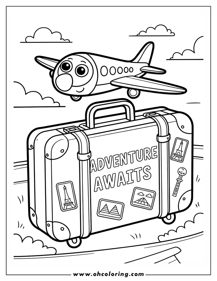 A cheerful cartoon airplane flies above a suitcase covered in travel stickers, featuring landmarks like the Eiffel Tower and pyramids. The words "ADVENTURE AWAITS" are on the suitcase. This line art is a coloring page designed for printing.