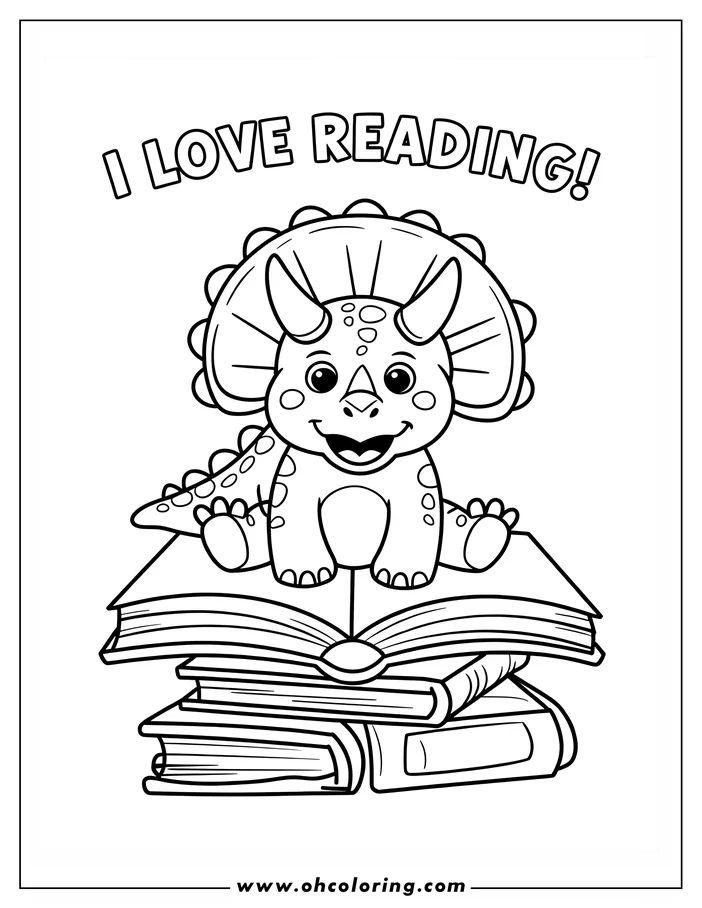 Line art of a triceratops sitting on a stack of books.
