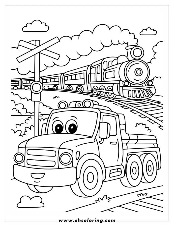 Line art of a cartoon truck near a railroad crossing sign, with a steam train passing in the background.