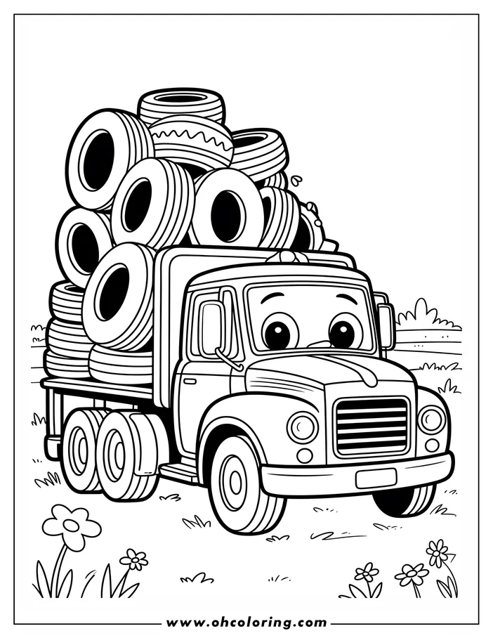 Outline of a cartoon truck carrying a large pile of tires.  Flowers and grass are visible around the truck's wheels.