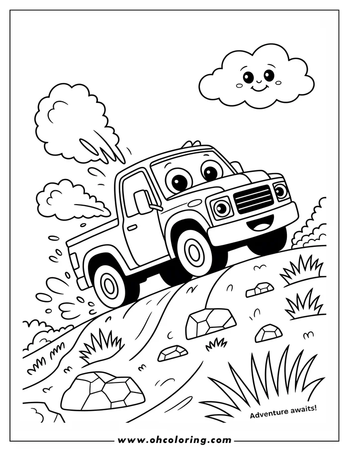 Outline of a cartoon truck driving uphill over rocks, with a smiling cloud above