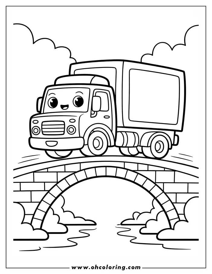 Outline of a delivery truck on a brick bridge over water.