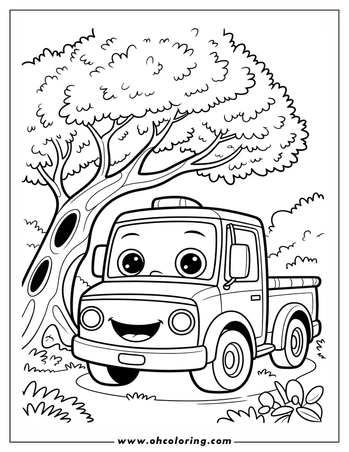 Outline of a friendly cartoon truck parked under a large tree, with flowers and plants in the foreground.