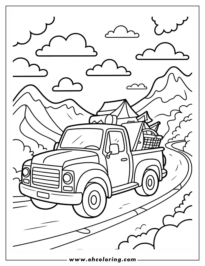 Outline of a truck driving up a mountain road, loaded with camping gear such as a tent and basket on the truck bed. The road curves towards mountains with fluffy clouds overhead.