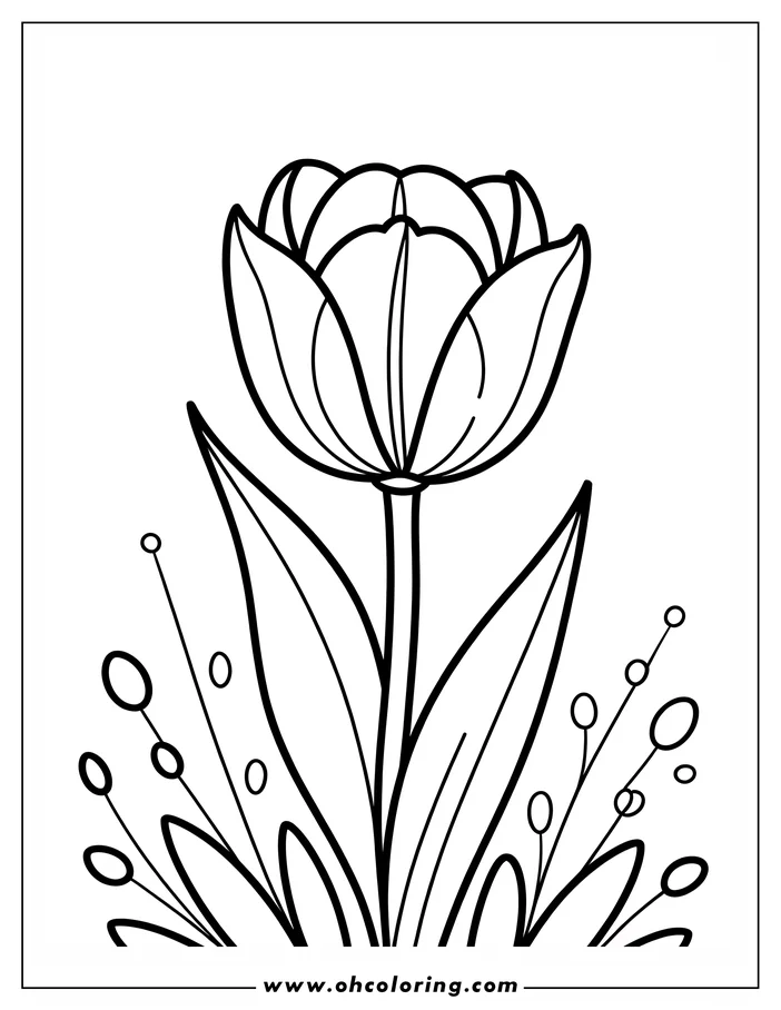 Simple line art of a tulip flower surrounded by small berries on delicate stems. Perfect for a coloring page activity.