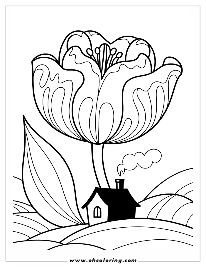 Line art of a giant tulip with a small house nestled at its base.  The tulip has detailed, wavy petal patterns. Smoke curls from the chimney of the house. Rolling hills form the background of this whimsical coloring page.