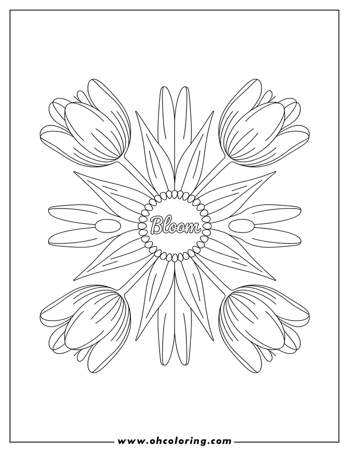 Symmetrical line art of a stylized bloom design with tulips and leaves, ready for coloring. The word Bloom is written in the center.