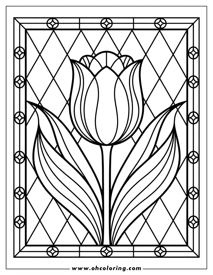 Line art of a tulip within a decorative frame. The tulip has curved petals and leaves, centered in the image. The frame has a diamond lattice design and circular details at its corners and edges, creating a stained-glass window effect. Perfect for a coloring page.