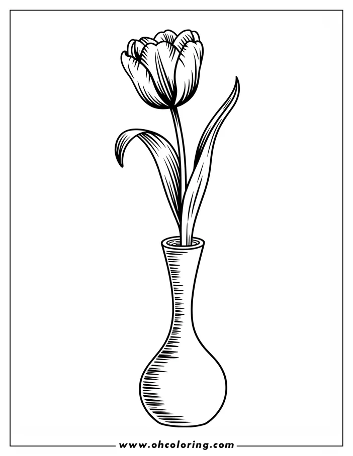 Line art of a tulip in a vase. The tulip has detailed petals and two leaves. The vase is round at the bottom with a narrow neck, ready for coloring.