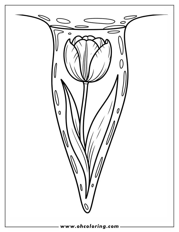 Line art of a tulip underwater. The flower's bloom and leaves are visible, surrounded by bubbles. This is a coloring sheet design, perfect for adding your own colors.