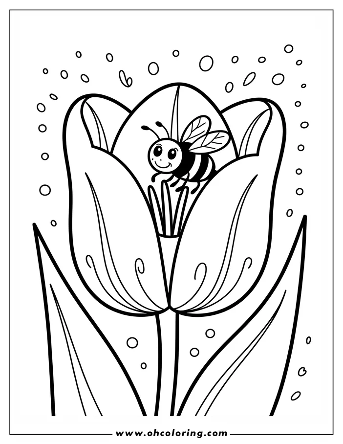 Simple line art of a bee sitting inside a tulip flower, designed as a coloring sheet. The bee has large, friendly eyes and a smiling face, and the tulip has smooth petals and a thick stem. Small circles float around the flower, creating a lighthearted atmosphere, perfect for a spring-themed coloring page.
