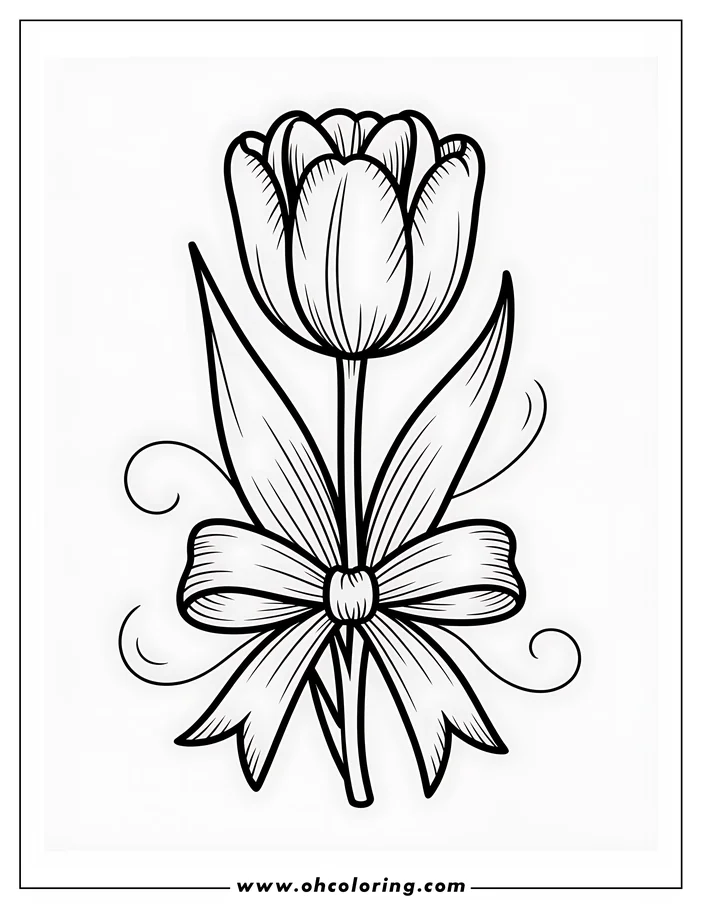Line art of a tulip with a ribbon tied around its stem. The drawing features detailed lines on the petals, leaves, and ribbon, and is designed as a coloring page.