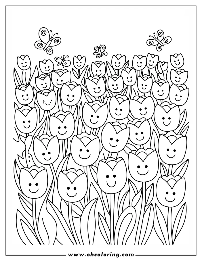 Coloring sheet design of a group of tulips with smiling faces. Several butterflies are seen fluttering around them. This simple line art is perfect for adding vibrant colors.