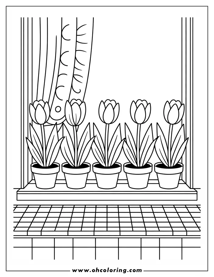 Line art of five tulips in pots on a window sill, with part of a curtain visible in the window.  The image is a simple coloring sheet design.