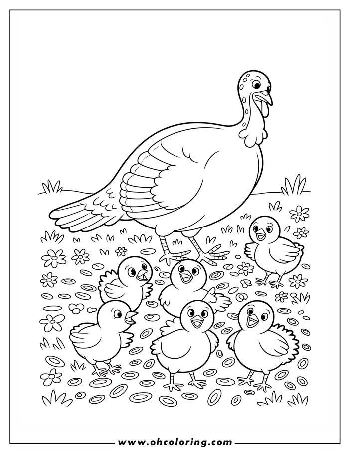 Line art of a mother turkey with her chicks.  They stand in a field with grass and flowers.