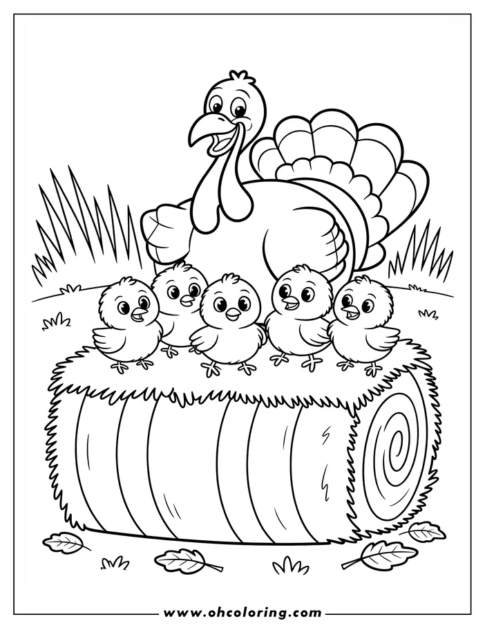 Line art of a turkey with chicks standing on a hay bale. The turkey and chicks are outlined, ready to be colored.