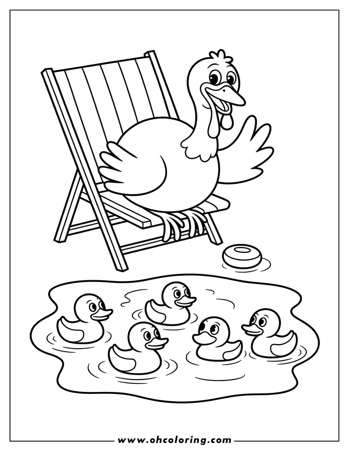 A cartoon turkey sits on a deck chair by the pond, waving to five ducklings swimming below.