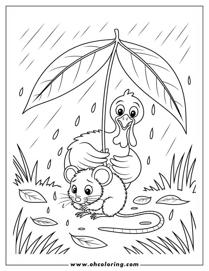 Line art of a turkey and mouse sheltering under a large leaf in the rain.  Fallen leaves and grass are visible around them.