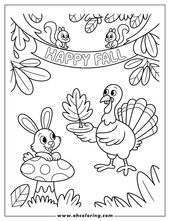 Line art of a turkey and rabbit with a "Happy Fall" banner and fall leaves.